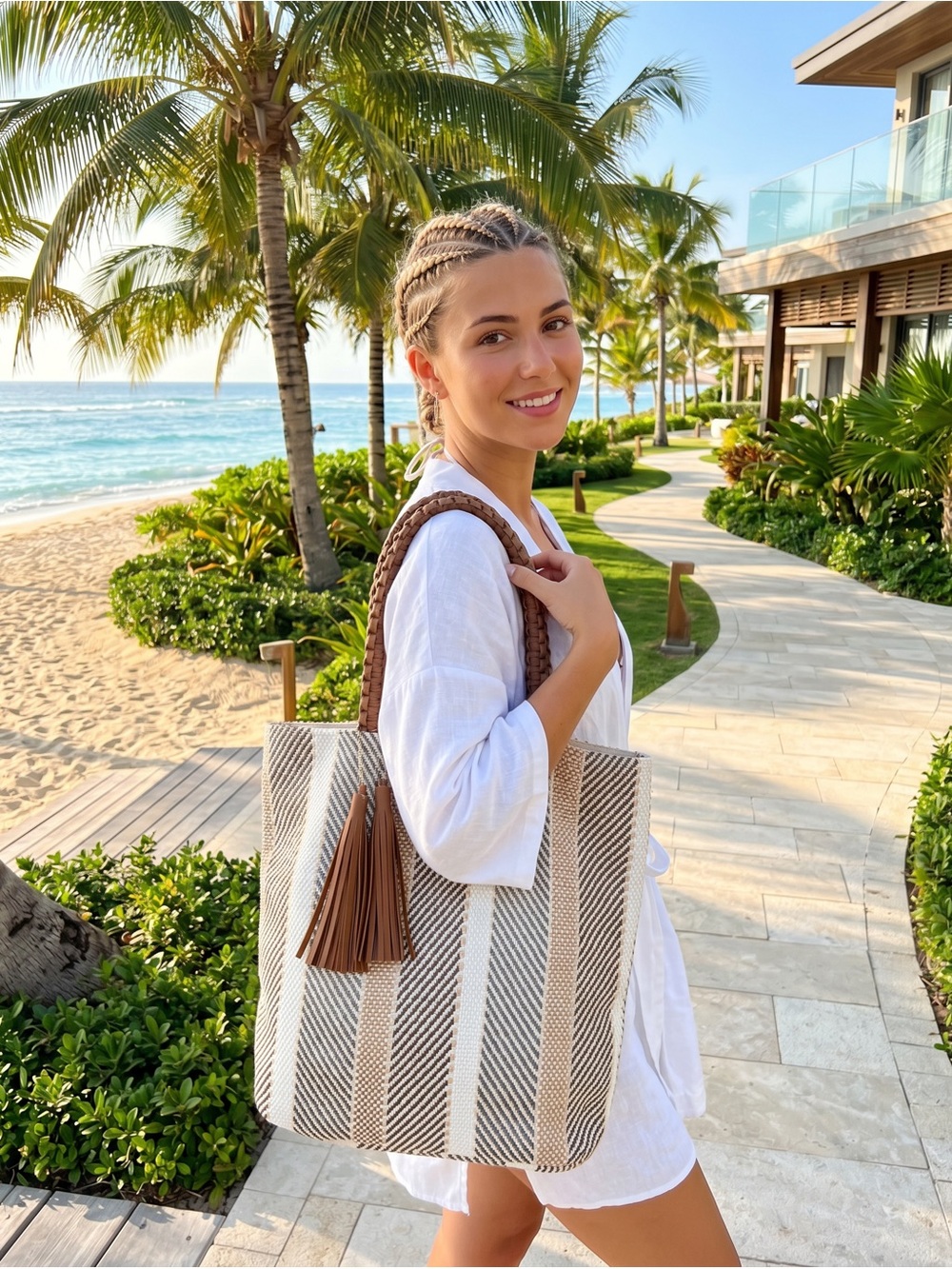 Sun N Sand Woven Stripe Resort Tote | Braided Handles & Tassel | Beach Shopper